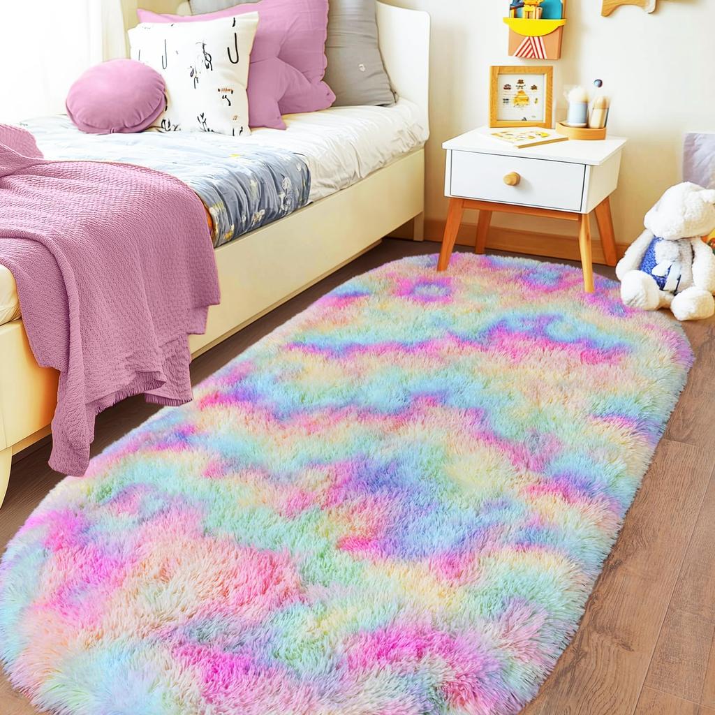 Tie Dye Light Gray Carpet Oval Fluffy Plush Bedside Mat Children's Bedroom Moisture-Proof Mat Living Room Home Decoration Rugs