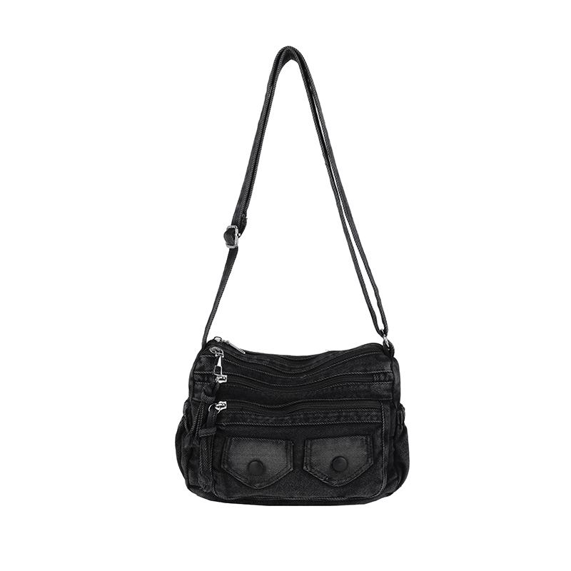 Washed Denim Crossbody Bag with Dual Flap Front Pockets Casual Shoulder Purse for Women Daily Travel