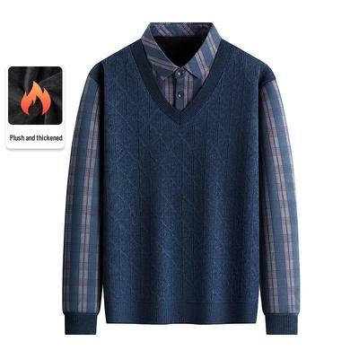 Men's Long Sleeve Fake Two-Piece Sweater - Thickened, Warm, Plus Velvet Knitwear for Dad