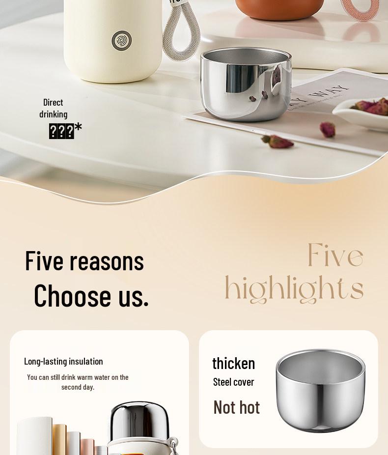 Women's Portable Thermos Mug, Compact 2025 Design, 316 Stainless Steel Lid, Suitable for Drinking Water, Child-Friendly.