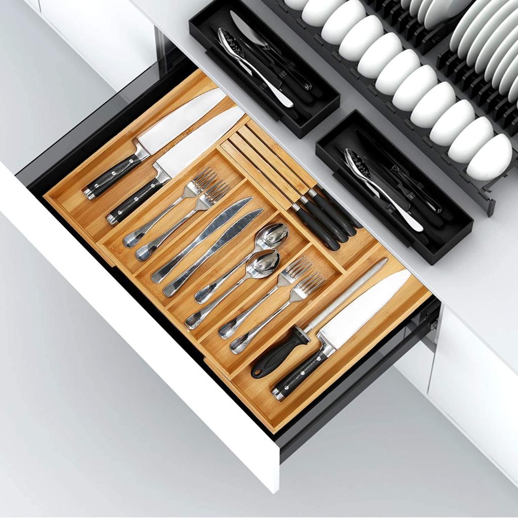 VaeFae Silverware Drawer Organizer for Expandable Utensil Holder Cutlery Tray with Dish Removable Knife Block Kitchen, & Dividers, Storage,