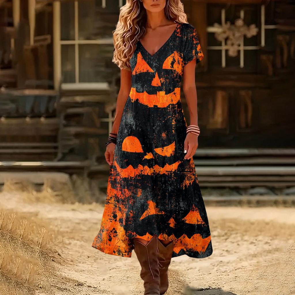 Women's Vintage Halloween Print Sundress V-Neck Short Sleeve Summer Beach Dress