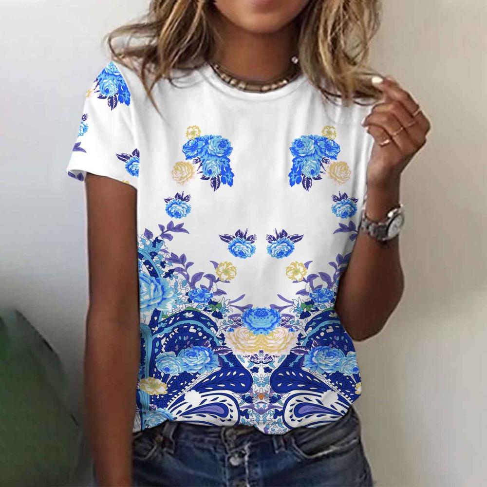 Colorful Floral 3D Digital Printed Women's Fashionable Casual Round Neck Short Sleeved T-shirt