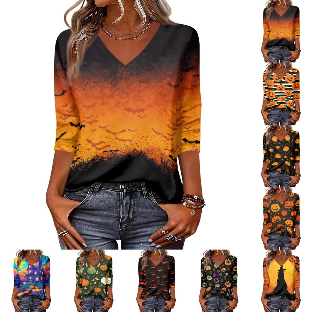 Women's Three-Quarter Sleeve V-Neck Top with Halloween Print for Casual