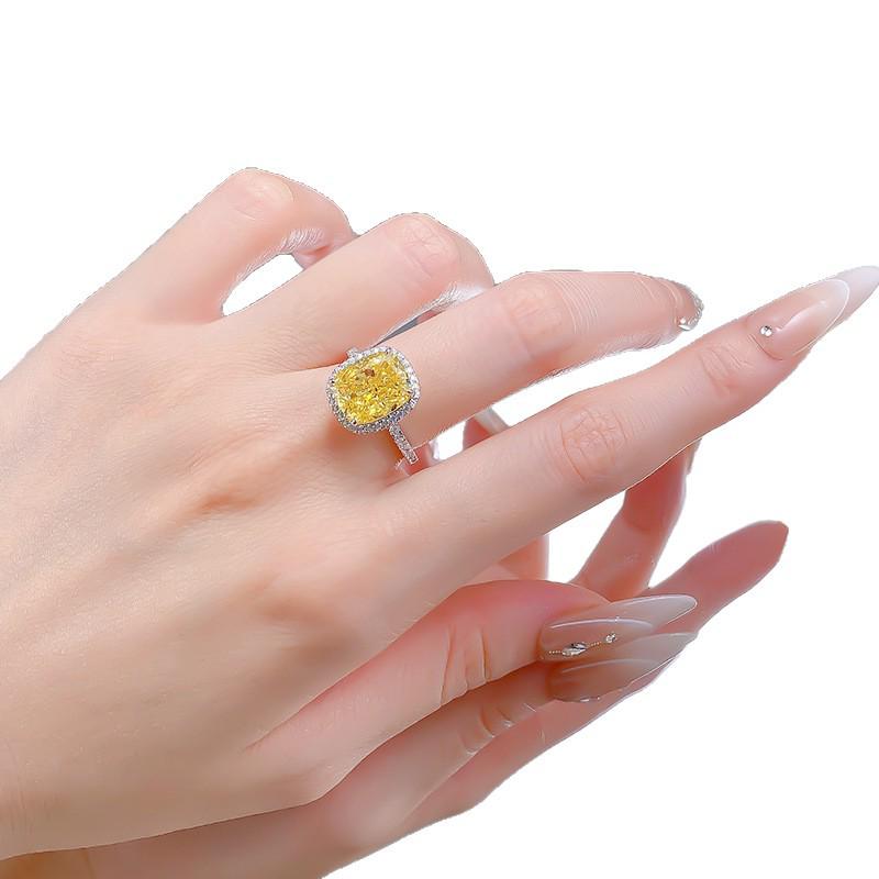 European-American Style High Carbon S925 Silver Ring with Yellow Diamond Ice Flower Design