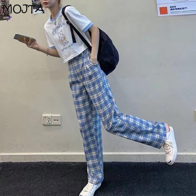 Pantalon Long à carreaux pour femmes, Simple, Vintage, décontracté, mode de rue, jambes droites et larges, été