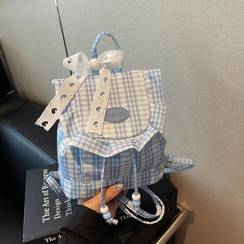 Plaid Beaded Women Mini Travel Shoulder Bags Lace Flip-Top Drawstring Backpack for Students Casual Portable Girls Handbags