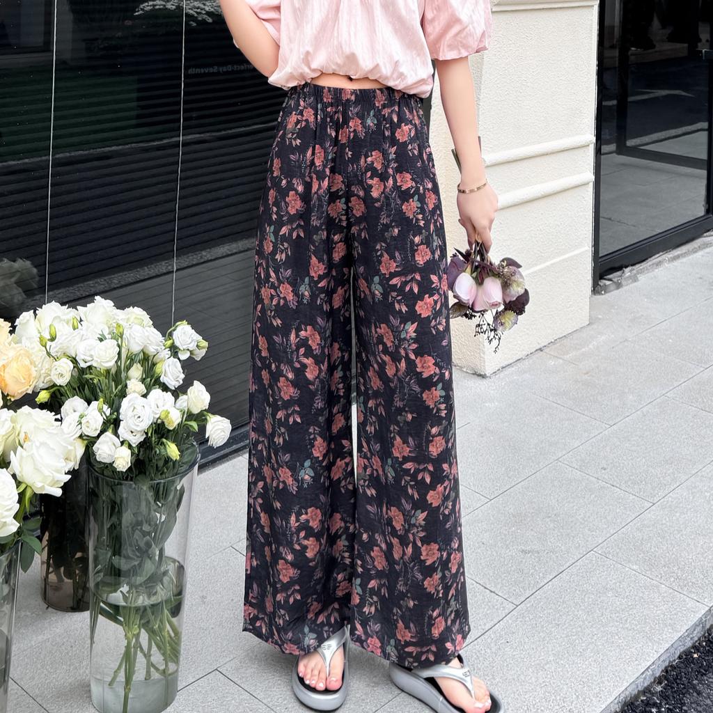 Cotton Silk Pajama Pants Female Summer Thin Section Anti-mosquito Wide Legged Pants Solid Color Outside Home Leisure Printing Nine-minute Beach Pants