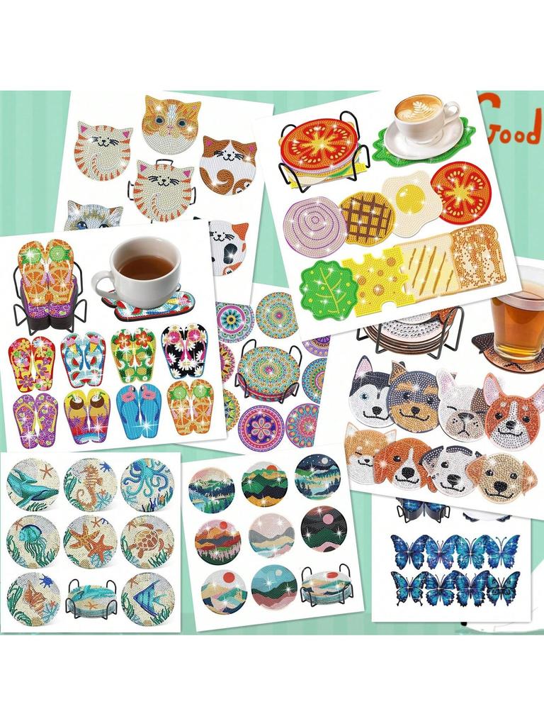 1 Set Diamond Painting Coasters | Diamond Art Coasters | Mandala Landscape Slipper Sandwich Dog Butterfly Cat Ocean Animal Set