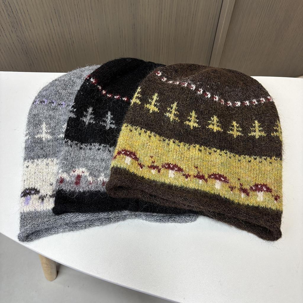 Vintage Maillard brown jacquard mixed color stacking hat children's autumn warm and versatile big head circumference thickened bag head hat