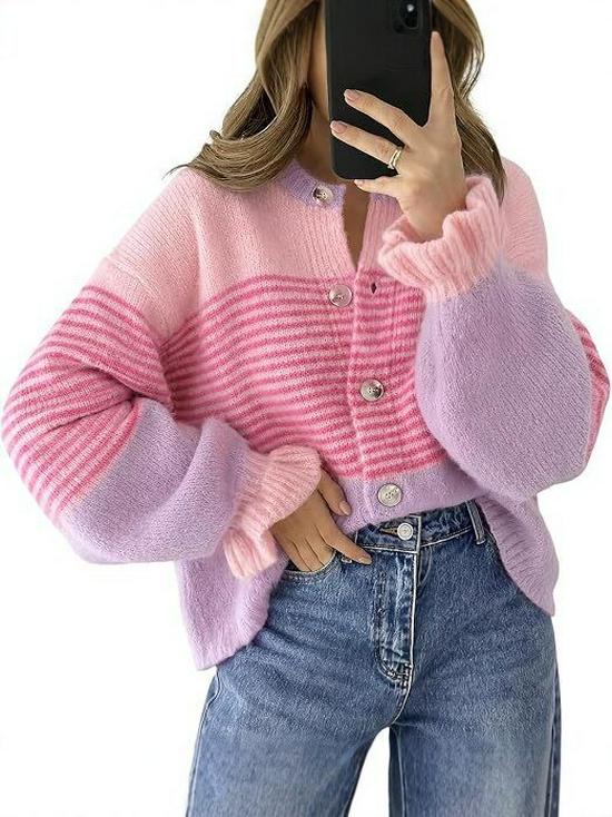 2026 European and American Color Block Striped Knit Cardigan for Women - Loose, Lazy Style Sweater Coat for Autumn/Winter