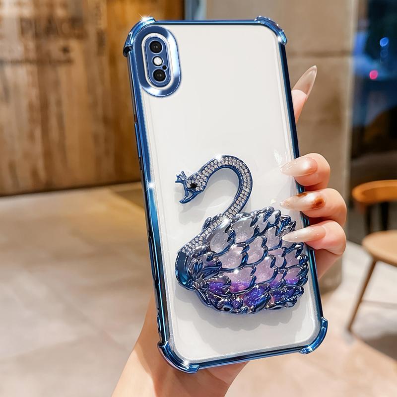 KEYSION Shockproof Plating Phone Case for iPhone XS Max Clear TPU Glitter Jewelled Swan Kickstand Back Cover for iPhone X XR