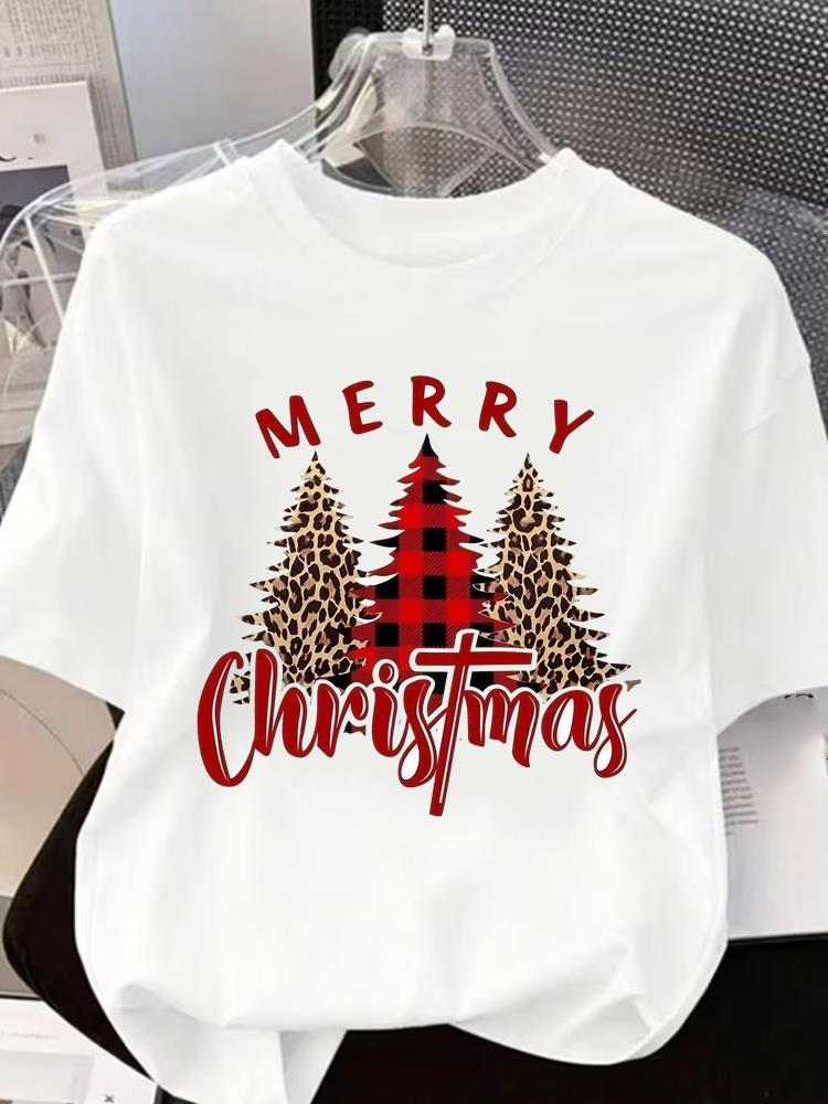 (Asian Size) Letter Tree 90s Short Sleeve T-shirts Women's Top O-neck T Shirt Print Merry Christmas Fashion Casual New Year Clothing Graphic Tee
