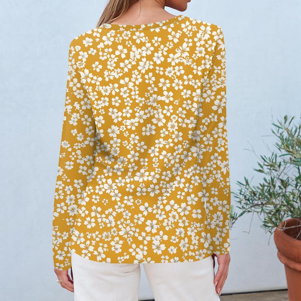 Women's Fashion Casual Long Sleeve Flowers Print Round Neck Top
