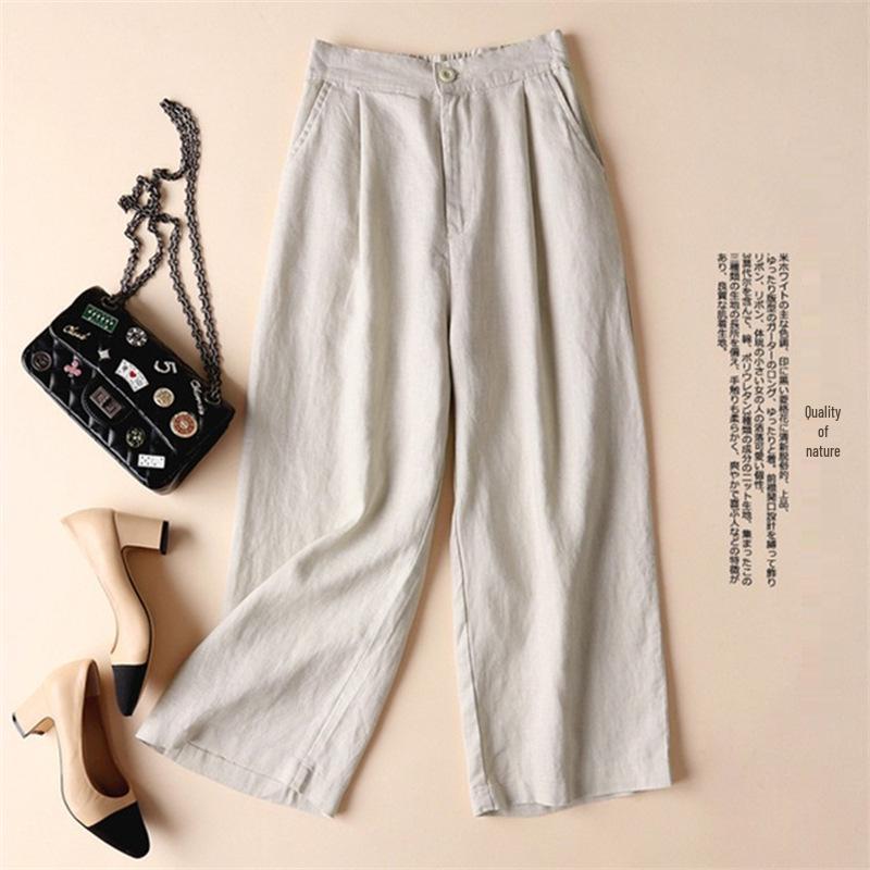 Women's Spring 2025 Wide-Leg Linen Blend Pants - Loose, Lightweight, Solid Color, Nine-Point Straight Leg.