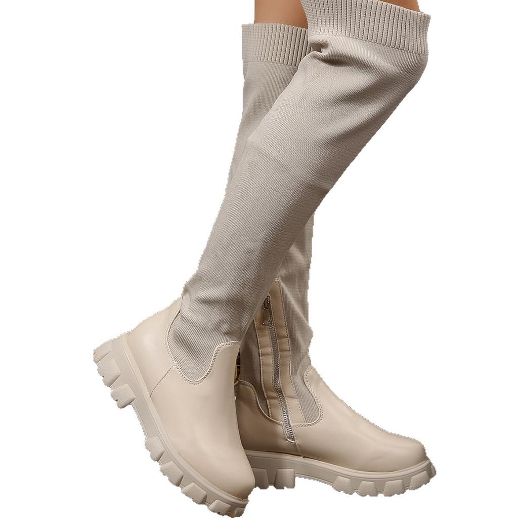 Damen-Stiefel in Übergröße 2025 Herbst/Winter neu runde Spitze Plateau Over-the-Knee Stretch Damenstiefel