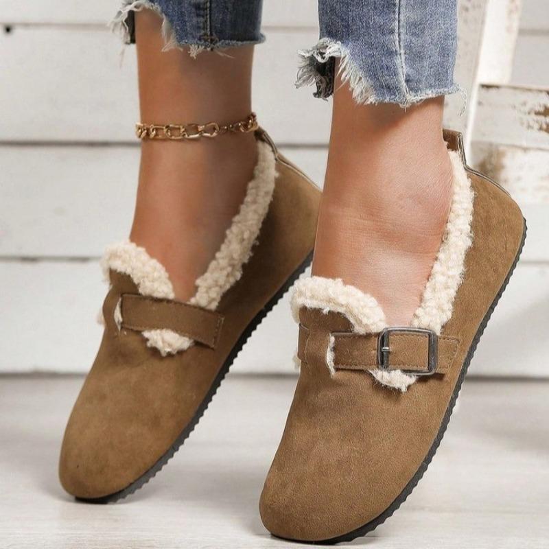 Fleece one-pedal cotton shoes women's winter new retro flat-bottomed warm buckle cotton shoes