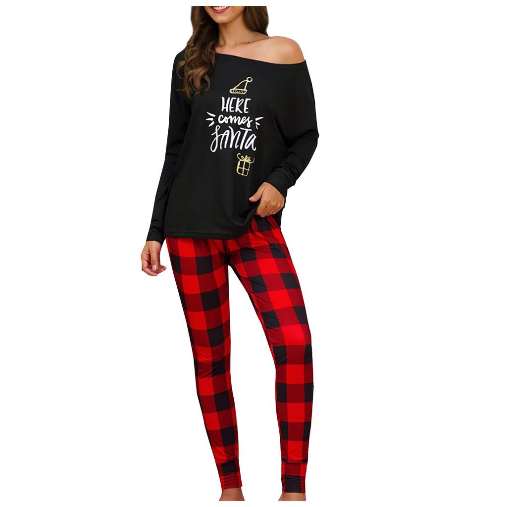Women's Christmas Casual Loose Merry Christmas/Let It Show Print Plaid Print Long-sleeved Trouser Suit