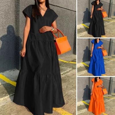 Frauen Sommer Kleid Lose V-ausschnitt Patchwork Kurzen Ärmeln Party Tragen A-linie Volle Länge Dame Maxi Kleid Weibliche Kleidung