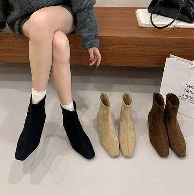 Brown Short Boots Women's Inner Height Increase Zipper Square Head Versatile 2025 New Autumn and Winter Korean Version Suede Thin Boots