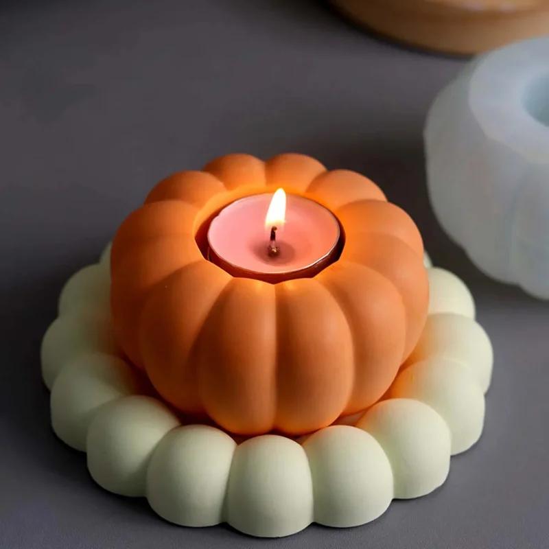 2026 Latest Models 3D Pumpkin Candle Holder Silicone Mold DIY Halloween Ornament Craft Making Plaster Resin Candlestick Casting