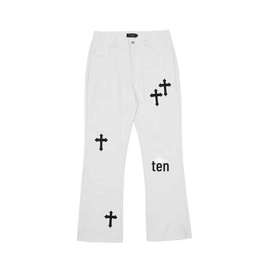 Men's Black and White Cross Raw Edge Flared Jeans - European & American High Street Style