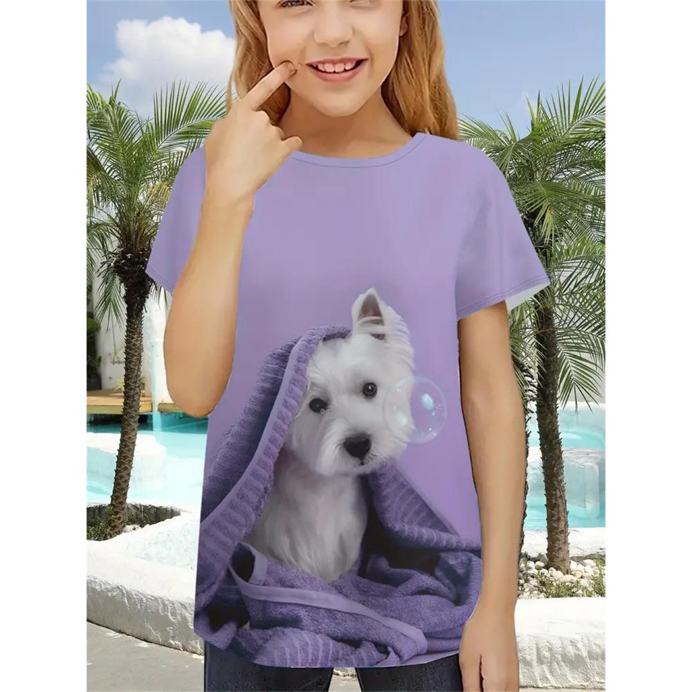 

2025 Новые забавные футболки с 3D-принтом животных и кошек для девочек, модные праздничные топы с короткими рукавами, повседневные футболки, одежда для девочек 160cm