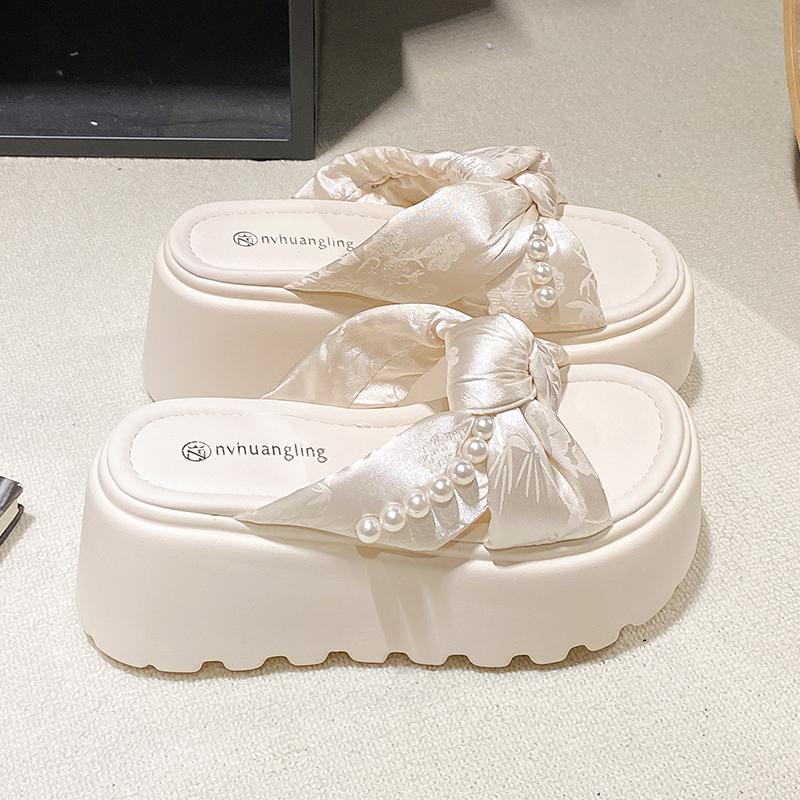 Fashion 9CM Women High Platform Beads Slippers New 2025 Summer Beach Ladies Wedge Heels Shoes Woman Outside Chunky Sandals