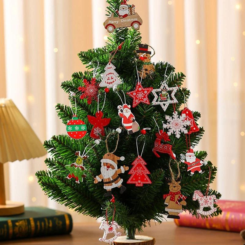 12Pcs Creative Christmas decorations DIY Christmas wooden pendants Christmas tree box set reindeer bell angel heart pendants