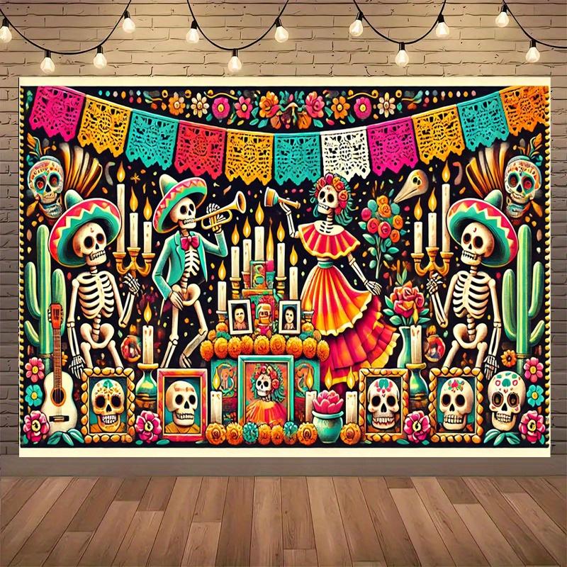 One Polyester Backdrop for the Day of the Dead Celebration, 5x7 Feet, Day of the Dead Altar Bannerzyc