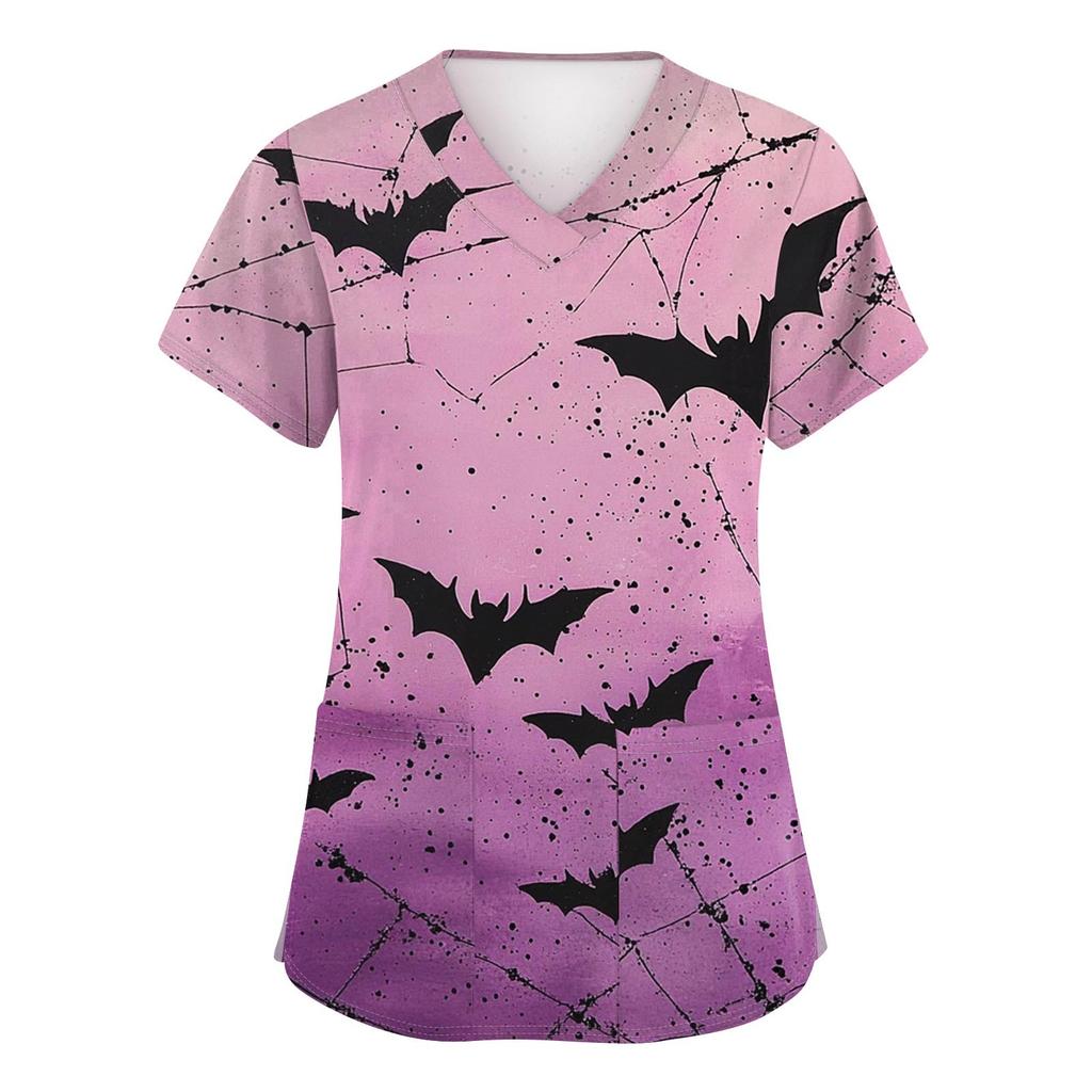 Women's Fashion V-neck Short-sleeved Work Uniform With Pockets, Halloween Print Top