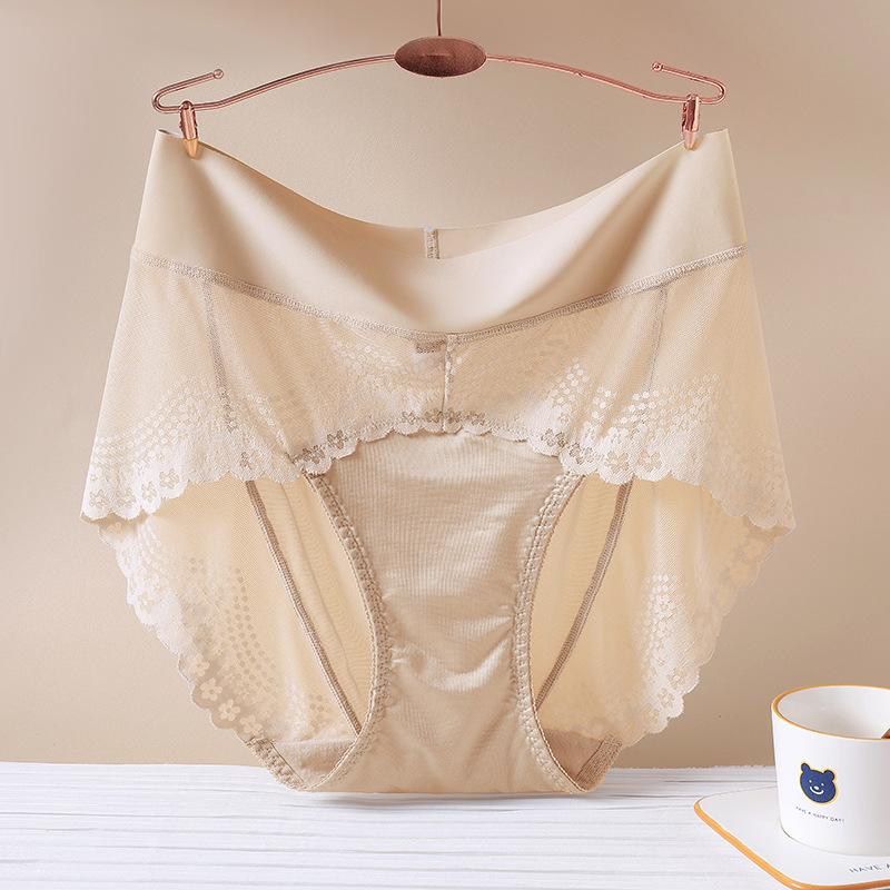 Women's Briefs Lace Sexy Breathable Seamless Ice Silk High Waists Satin Large Size Underwear