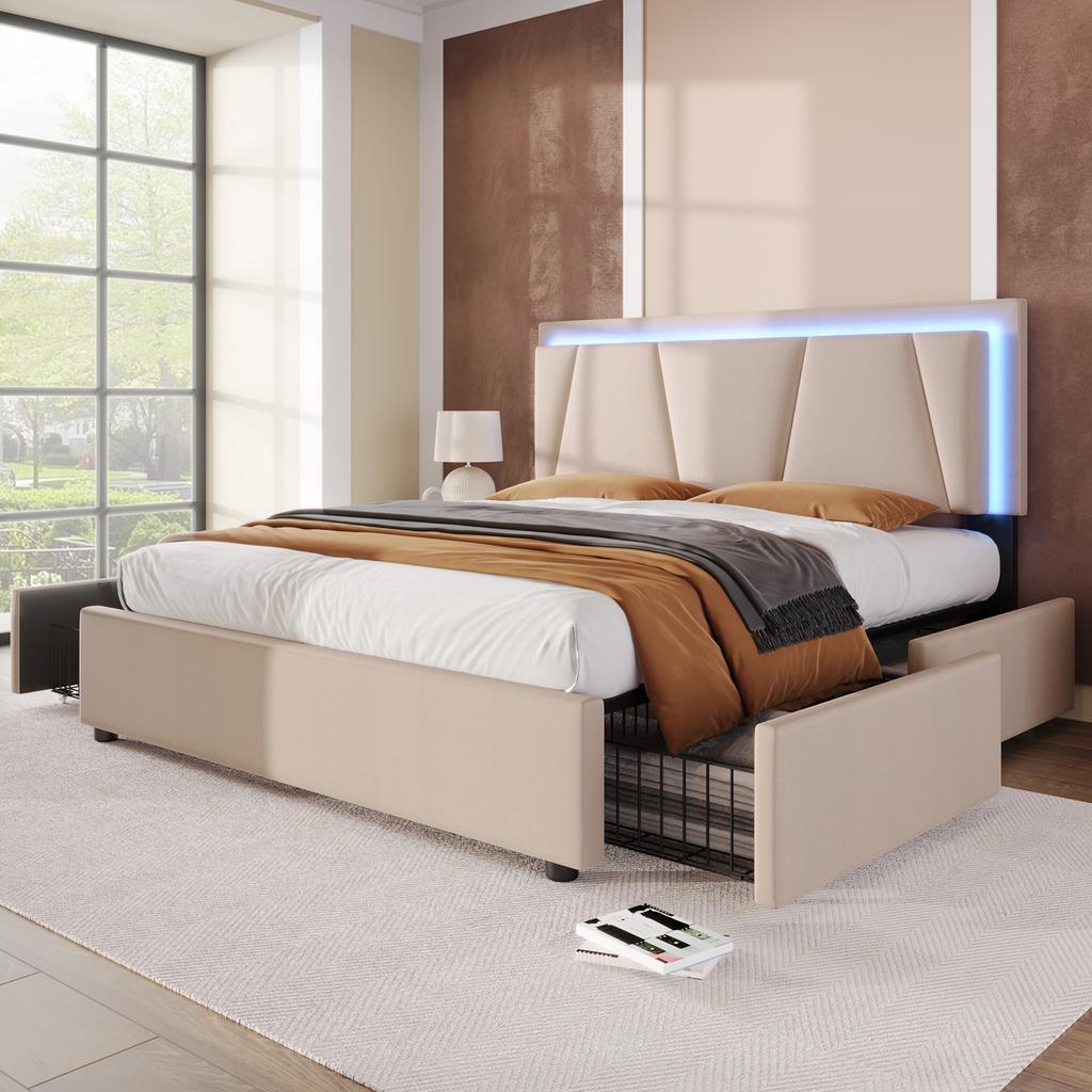Upholstered Bed with LED Lighting and 4 Drawers, Height-Adjustable Headboard, Double 160x200cm Bed Frame, Wooden Slatted Frame, Beige (With Mattress)