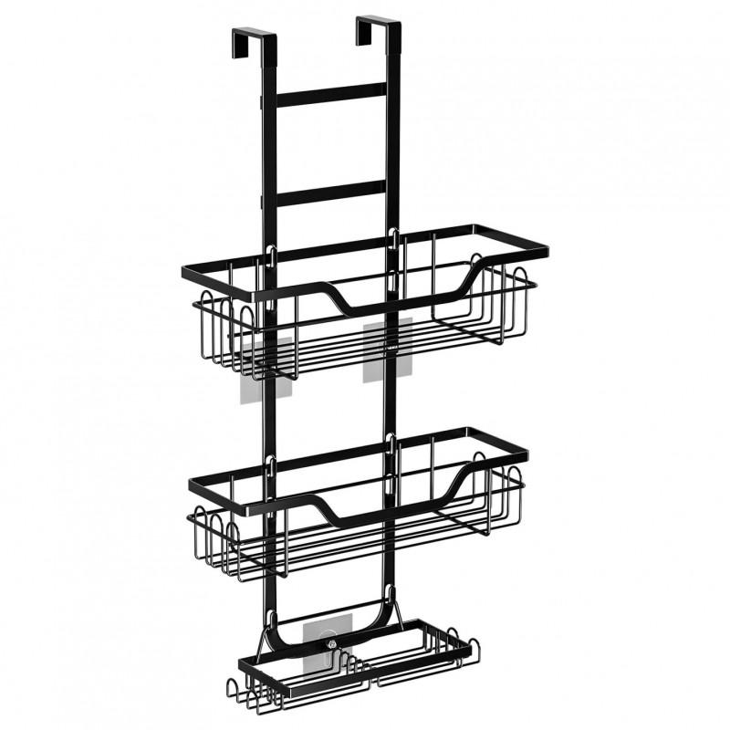 3-Tier Over-the-Door Bathroom Shelf Black Glass Door Hanging Storage Rack No-Drill Shower Caddy Towels