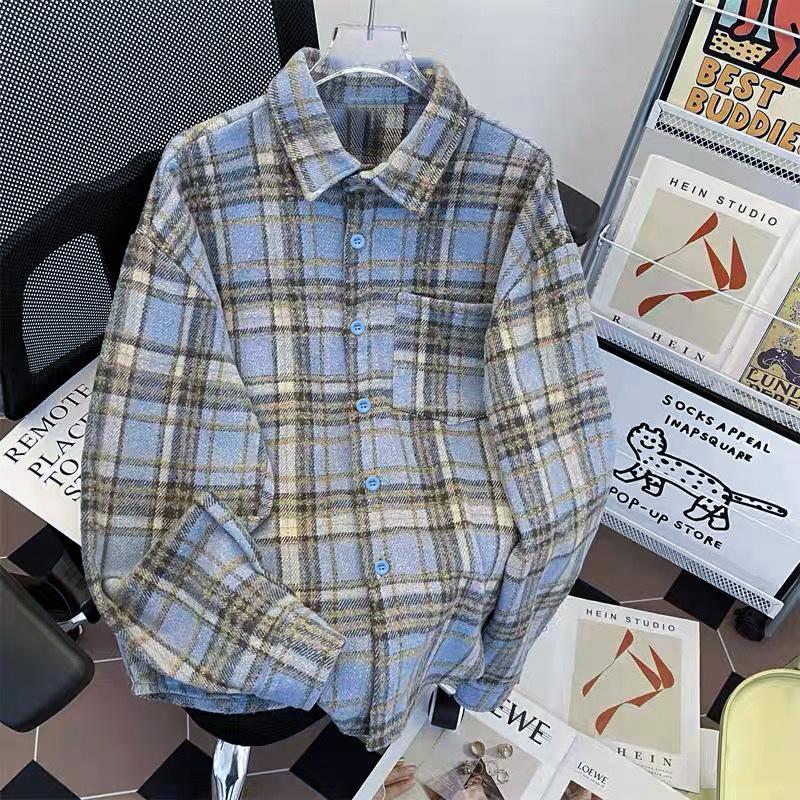 New retro woolen polished plaid shirt jacket women's lazy style loose casual versatile and thin lapel shirt