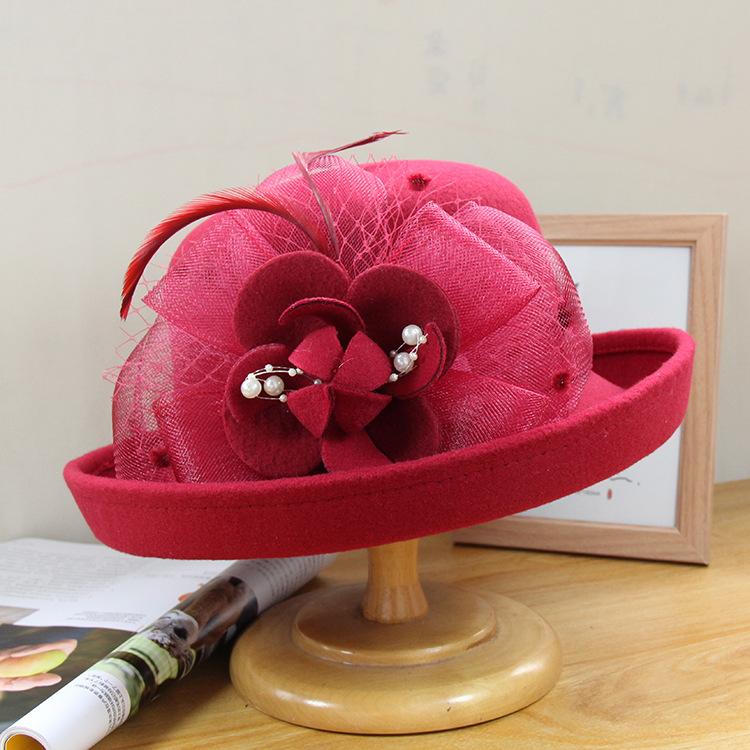 Autumn and winter hat women's British retro woolen top hat fashion mesh flower felt hat dome crimped basin hat