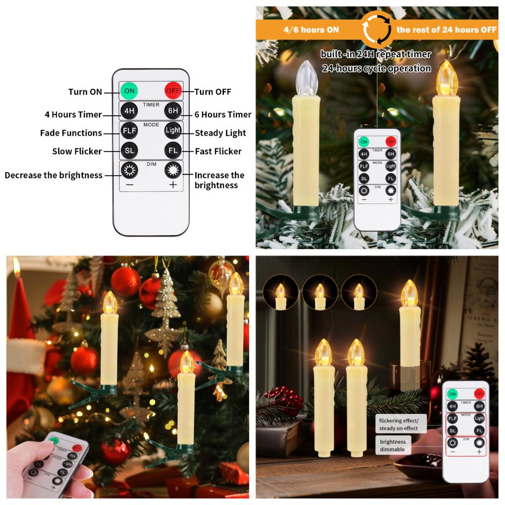 Velas cônicas LED sem chama, árvore de Natal, luzes de velas elétricas, mini velas cônicas com clipe e temporizador remoto para decoração de casamento