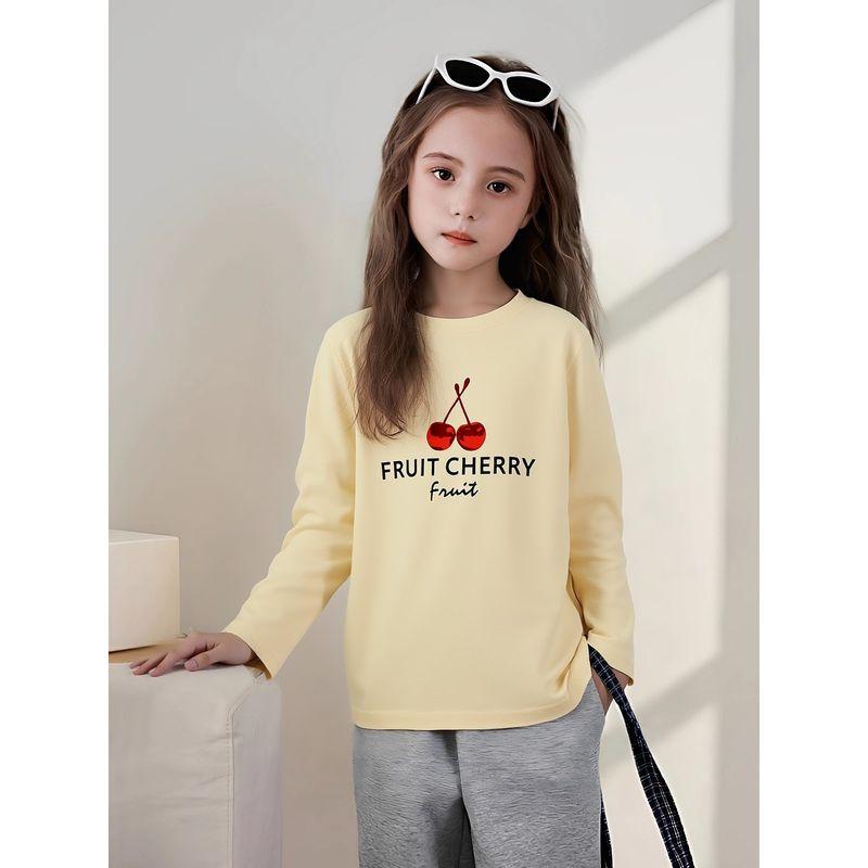 Trendy Children's Clothing Korean Style Long-Sleeve T-Shirt for Older Kids, Autumn Girls' Pure Cotton Base Shirt with Cherry Print Ins
