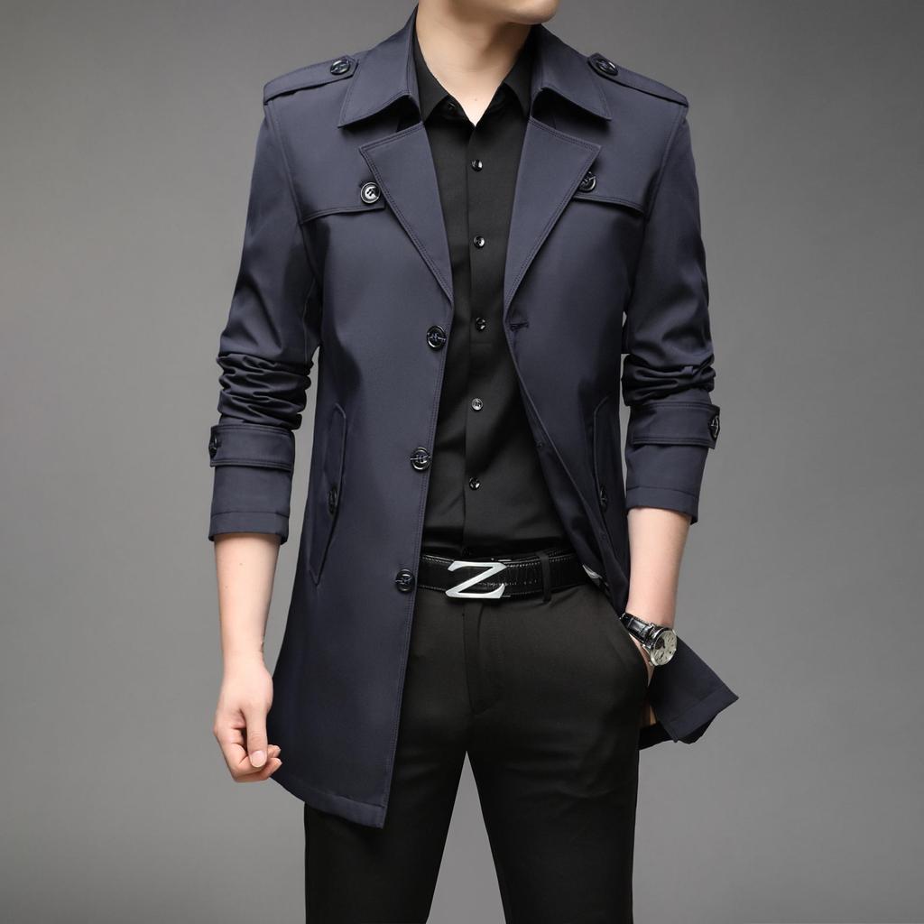 Men's Slim Fit Mid-Length Windbreaker Jacket, Korean Style Plus Size, M-8XL, for Casual or Business Wear, Ideal for Spring and Autumn.