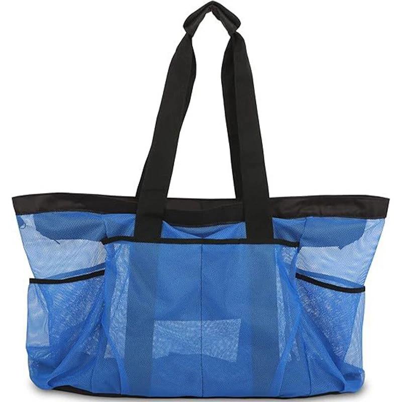 

Extra Large Lightweight Foldable Waterproof Mesh Beach Tote with Zippered Pockets - Carryall for Swimming Camping Travel Organiz