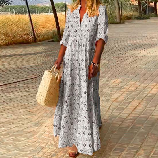 Stehkragen V-Ausschnitt Maxikleid Langarm Hohe Taille Knöchellang Böhmischer Druck