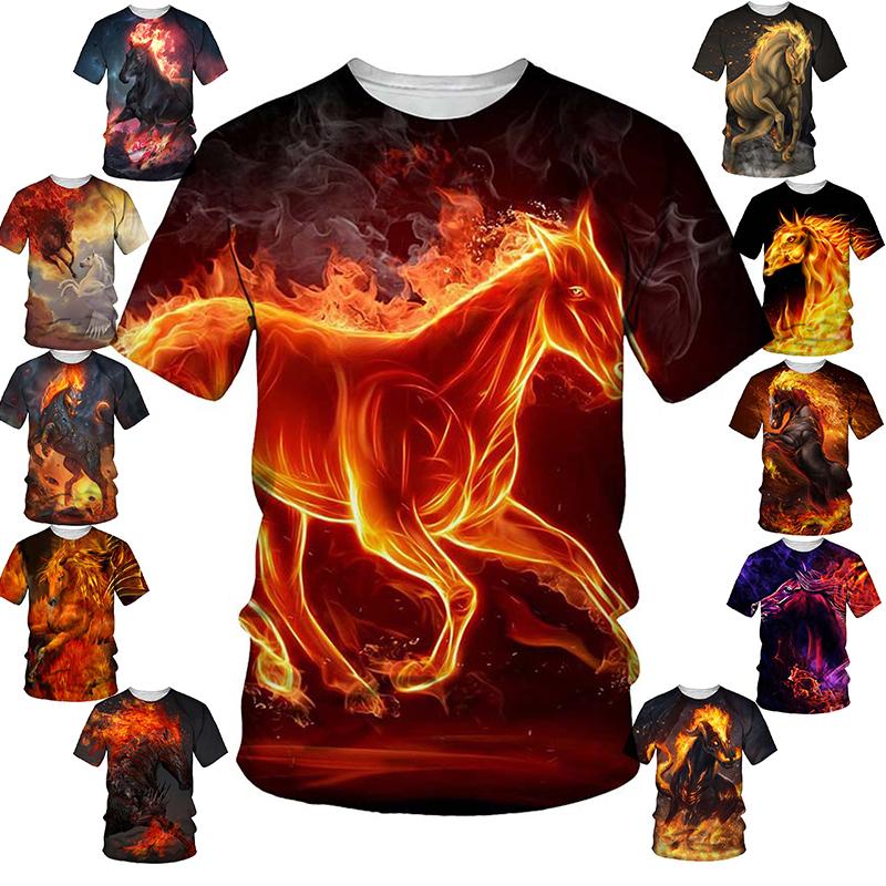 

3d Flame Horse Pritned Лето Унисекс Повседневный Плюс Размер T-shrits