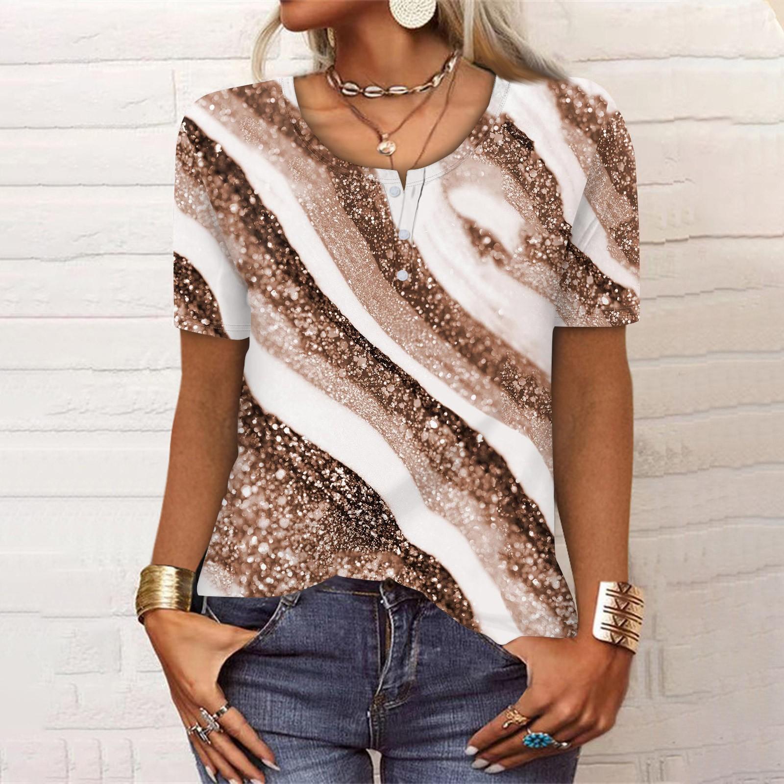 

Женская новая футболка с v-образным вырезом на пуговицах и модным принтом с коротким рукавом и ретро-принтом, тонкий топ, повседневные топы L