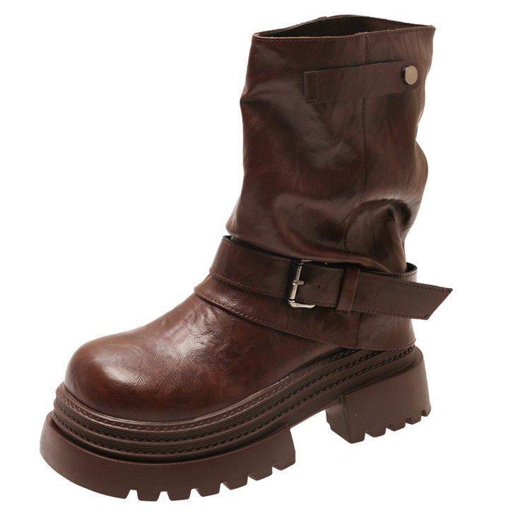 Rindslederversion~ innenliegende Höhenerhöhung Retro Maillardbraune Martin-Stiefel Damen 2025 neu Herbst und Winter zwei Tragevarianten Plateau Kurzstiefel