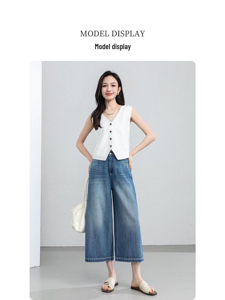 Xin Ge Women's High Waist Wide Leg Cropped Jeans - Summer Plus Size Retro Washed Loose Fit Pants