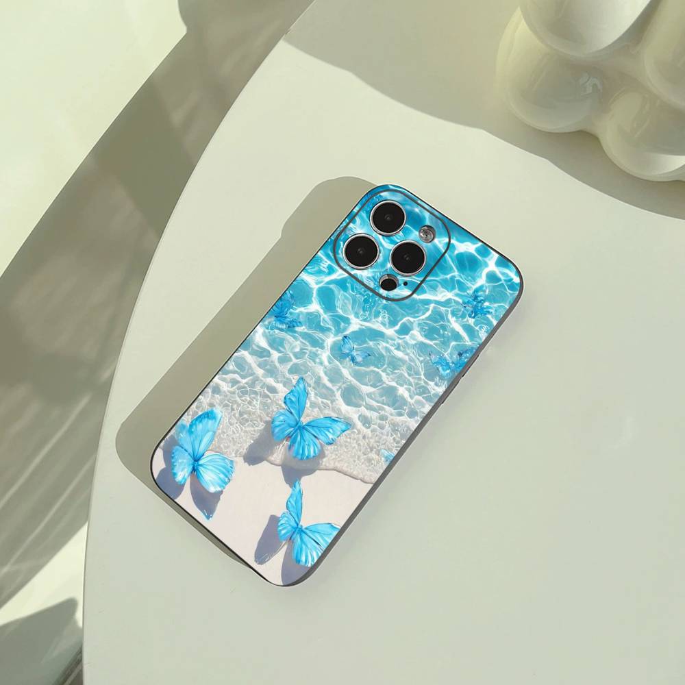 Blue Butterfly Ocean wave  Phone Case For iPhone 17,16,15,14,13,12,11 Pro Max,16/15/14Plus,XS Soft Black Cover