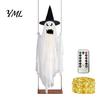 Dekoratives Gespenst für Veranda Leuchtende Halloween Hängeschaukel mit Hexenhut, Fernbedienung Einstellbare Gruselige Ornamente Helligkeit,