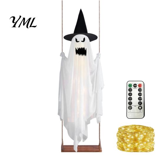 Dekoratives Gespenst für Veranda Leuchtende Halloween Hängeschaukel mit Hexenhut, Fernbedienung Einstellbare Gruselige Ornamente Helligkeit,