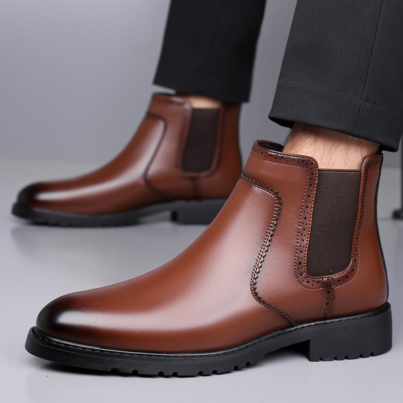Business Formal Cotton Leather Shoes for Man Autumn Winter Fleece Thickened Warm and Anti-slip High-top Men's Ankle Boots Shoes