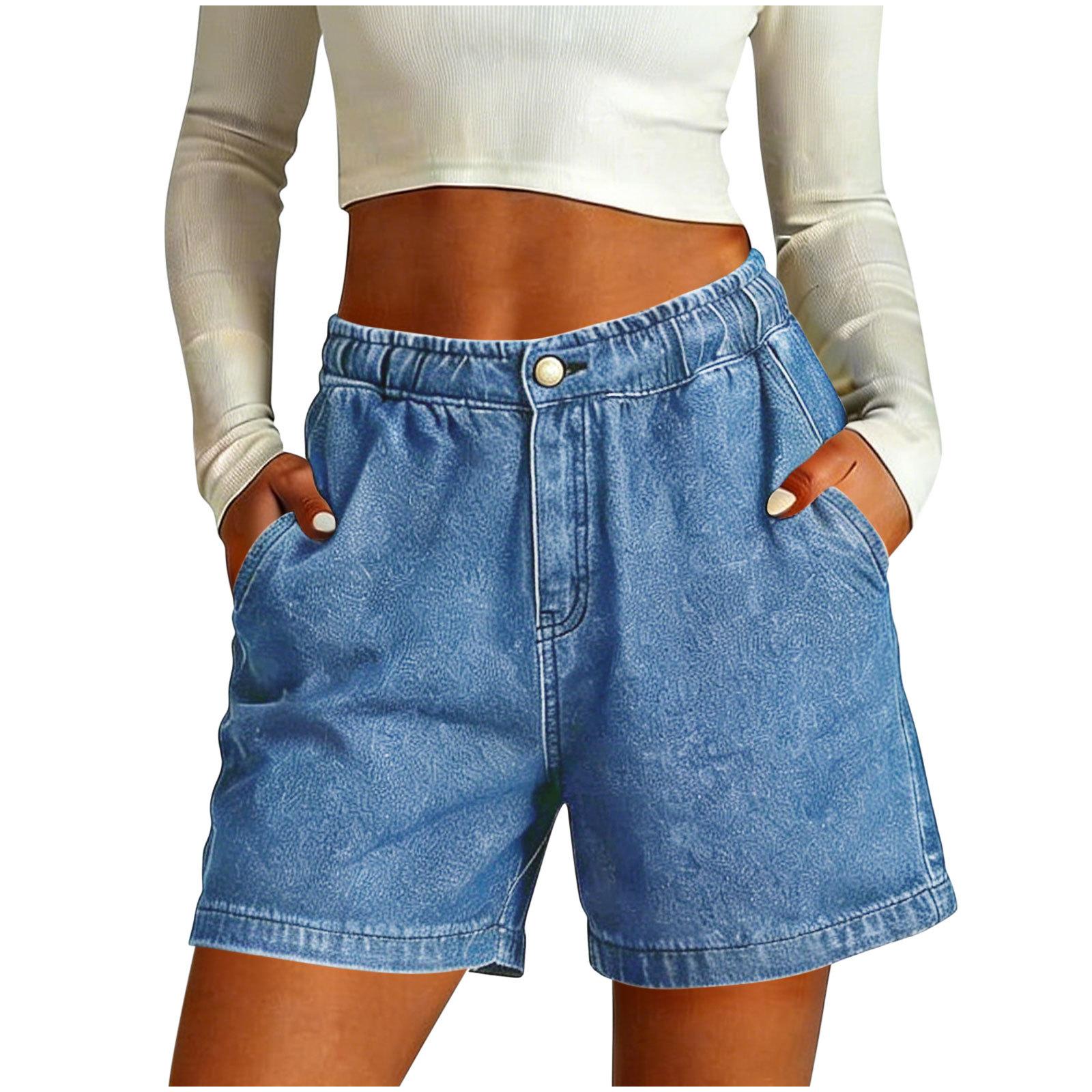 

Women s Fashionable High Waisted Elastic Waistband Button Loose Pocket Denim Shorts XL